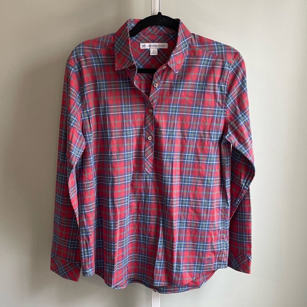Southern Tide Red Plaid Half Button Down Shirt